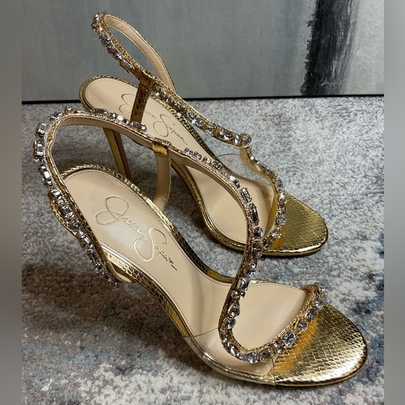 jaycin rhinestone asymmetrical metallic dress sandals Jaycin High Heel in Gold